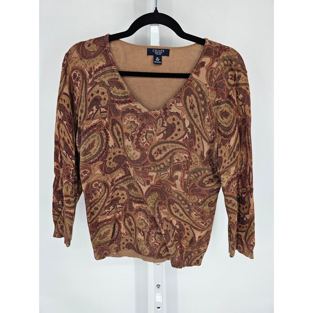 Chaps Womens Sz PL Petite Long Sleeve V Neck Knit Top Brown Paisley Print Cotton